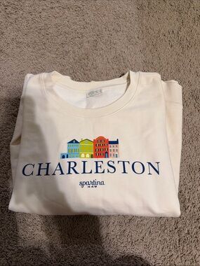Spartina 449 Cream Charleston Graphic Sweater with Multicolor Houses